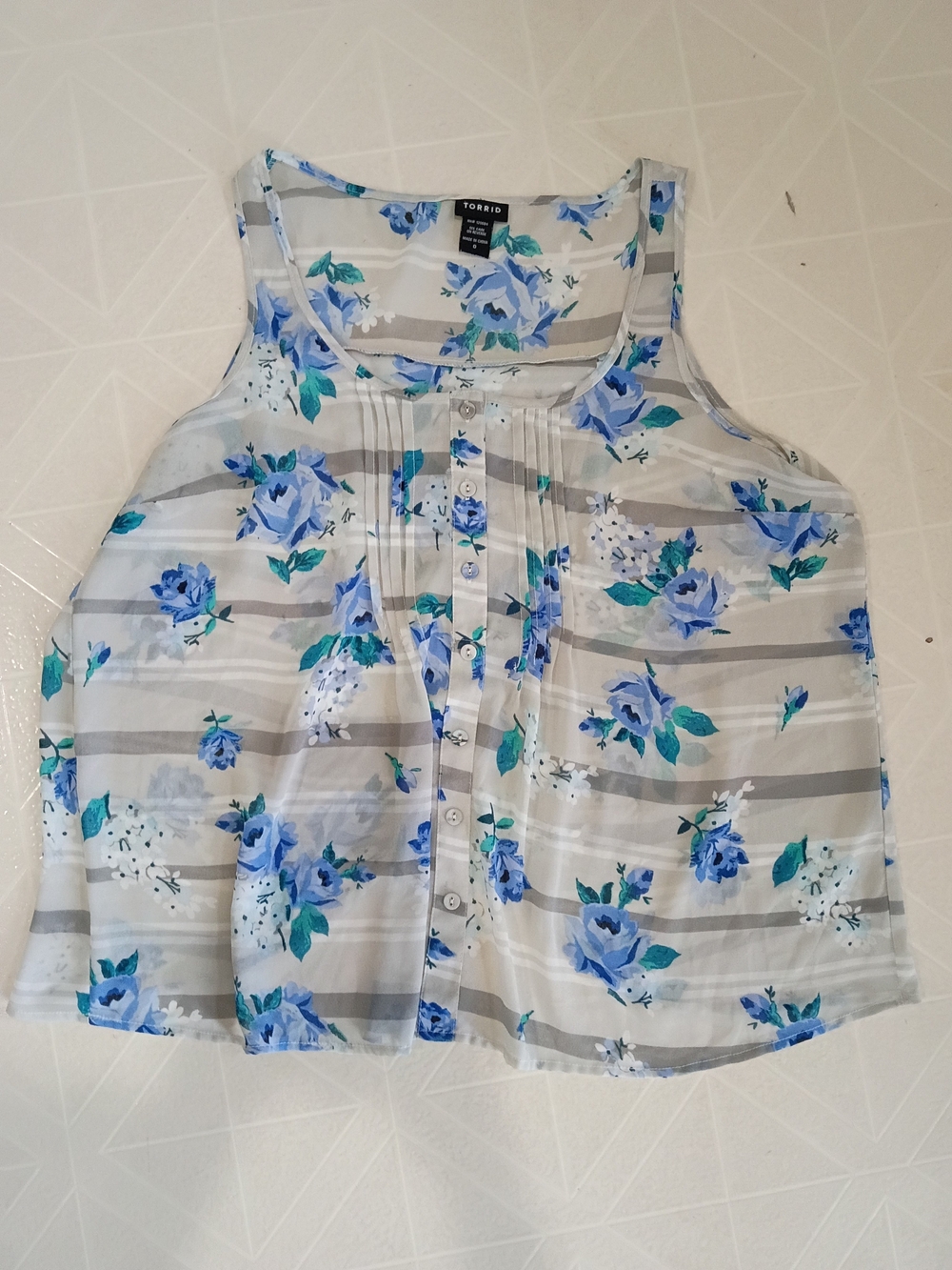 torrid White Tank with Blue Floral Pintuck Details